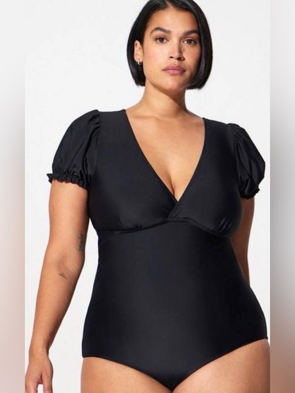 Torrid / Swimwear- Black V‑Neck Puff Sleeve - Wire Free Lightly lined